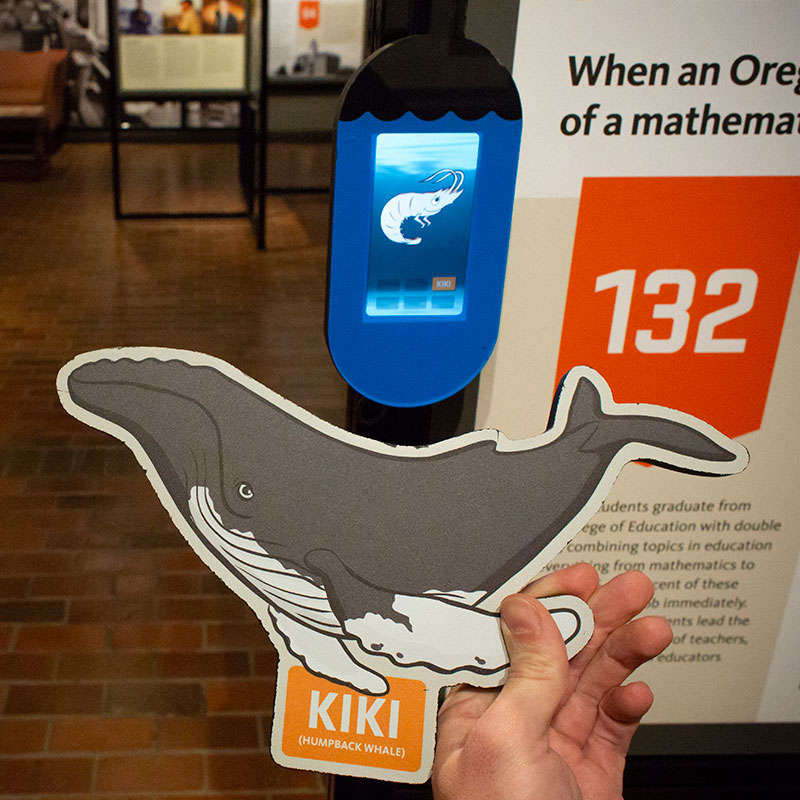 A hand holding a grey humpback whale cut-out tagged “Kiki” up to a reader mounted on an exhibit panel.