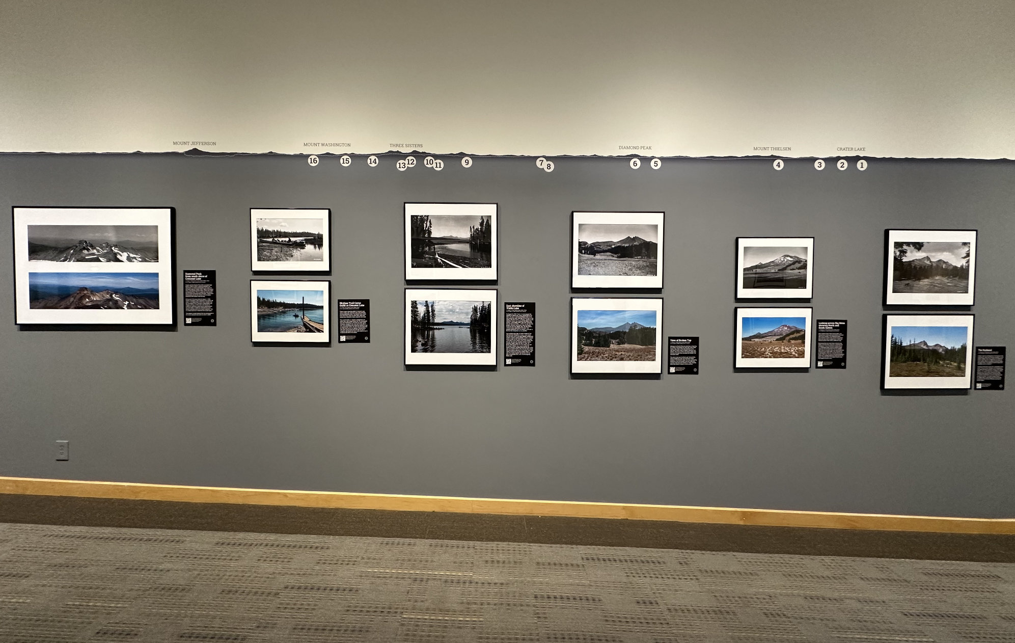 A gallery wall of framed landscape photographs interleaved with black interpretive labels, above a mustard baseboard.