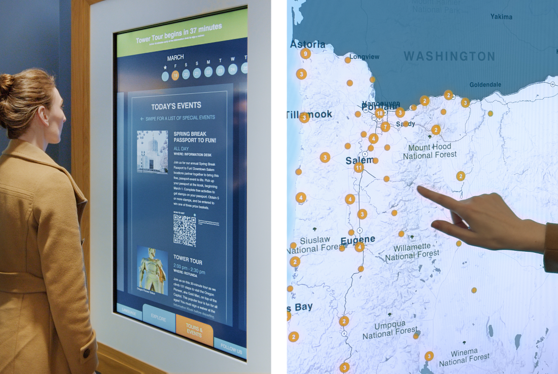 Left, a visitor at a tall touchscreen listing the day’s events; right, a close-up of the same interface showing a map of Oregon dotted with orange markers as a hand reaches to touch one.